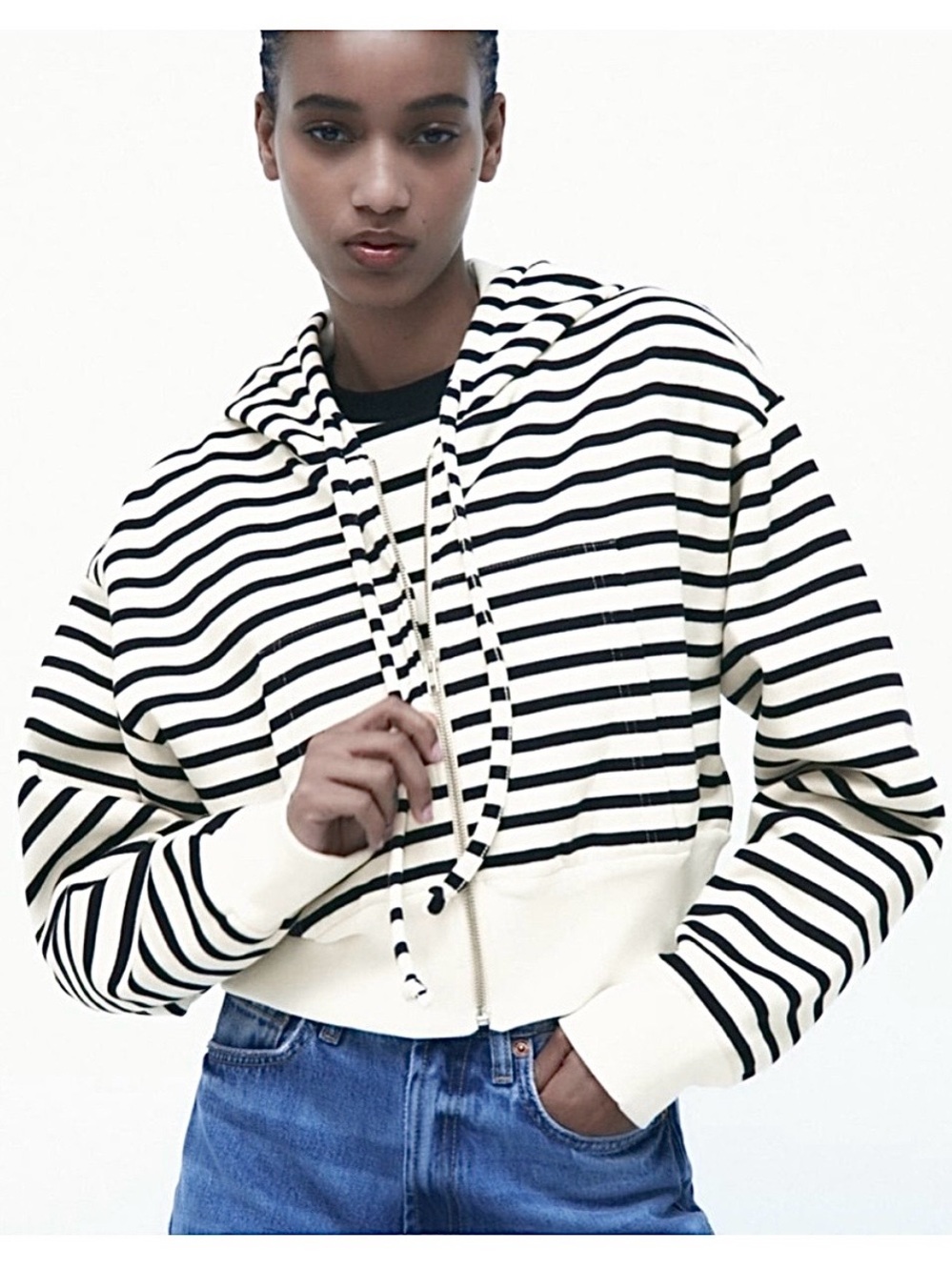 NWT Zara Size M Ivory & Black Striped Cropped Full Zip Front Hoodie